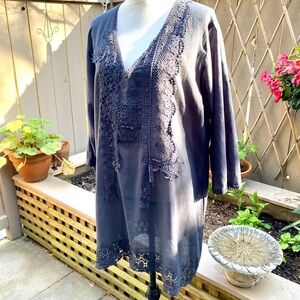 Vintage Johnny Was ! Navy embroidered V-Neck long Tunic / Swim Coverup. XL